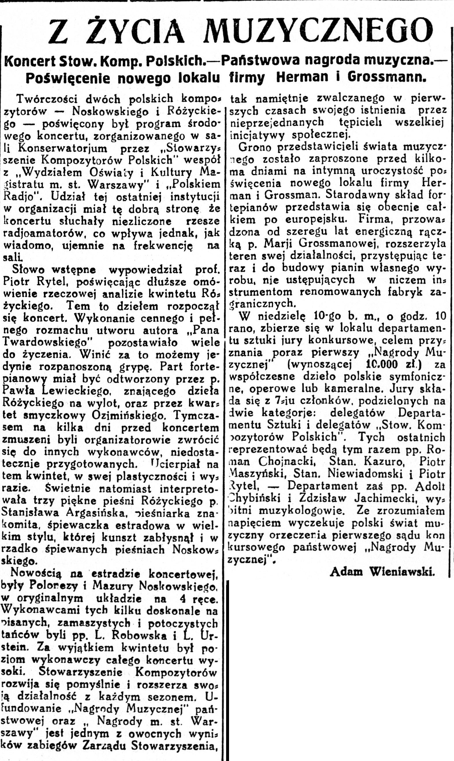 Skan: informacja o koncercie, „Rzeczpospolita” R.10, nr 38A (8 lutego 1929)